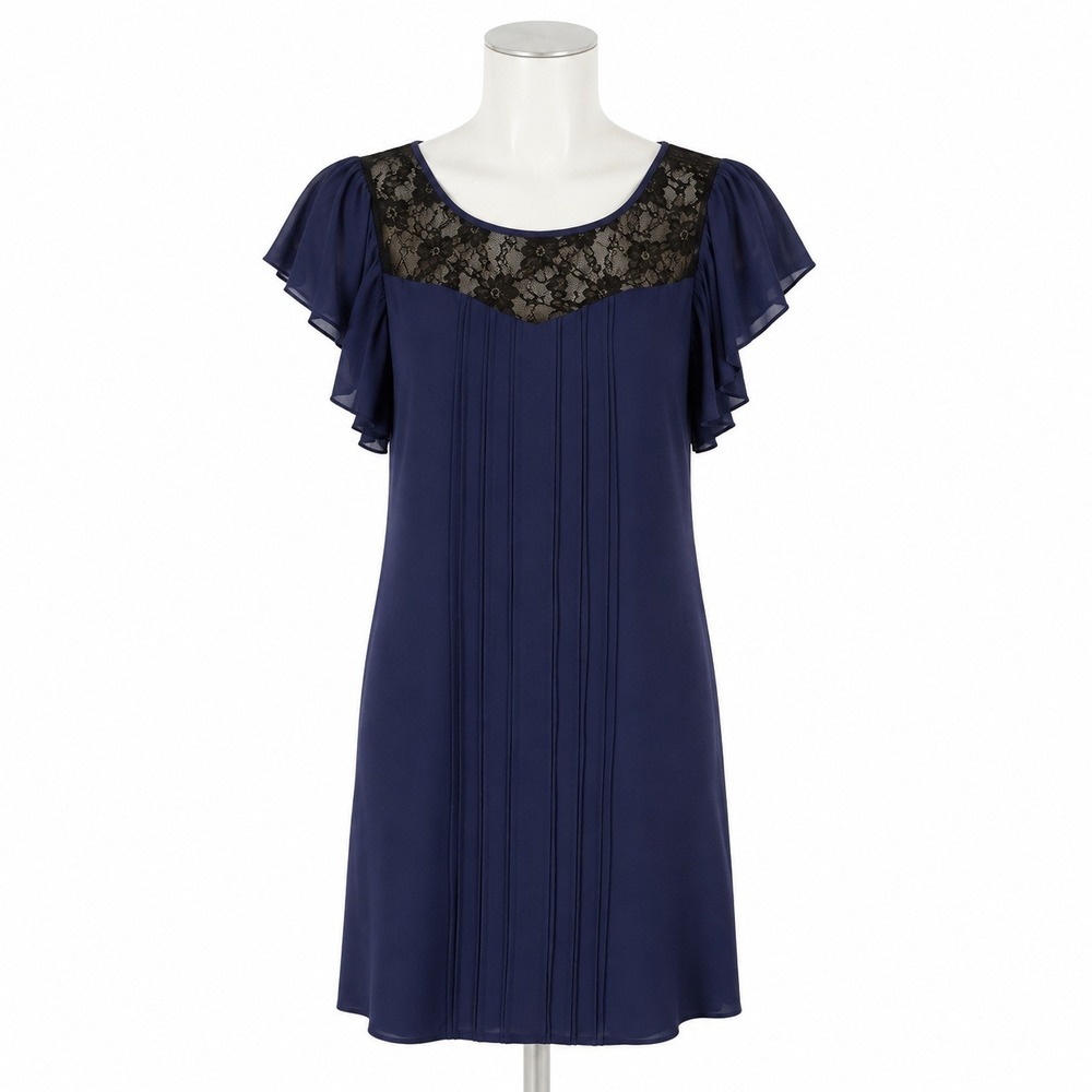 Jenny Han Silk Dress Womens S Navy Blue Lace Yoke Pleated‎ Flutter Sleeve Mini